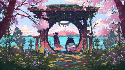 A vibrant 4K Ultra HD fantasy samurai scene showcasing a traditional gate surrounded by cherry blossoms, overlooking a serene landscape with Mount Fuji in the background.