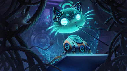 HD PC desktop wallpaper featuring Yuumi from League of Legends in a futuristic, glowing blue digital setting inspired by the video game.