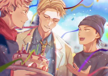 HD anime wallpaper featuring Kento Nanami and Yuji Itadori from Jujutsu Kaisen celebrating with a cake, set against a bright, festive background.