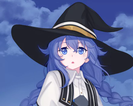 Roxy Migurdia from Mushoku Tensei: Jobless Reincarnation — blue‑haired witch in a wide-brim hat against a cloudy blue sky, HD anime desktop wallpaper.