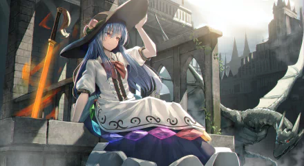 Tenshi Hinanawi from Touhou sits against ancient stone ruins under a bright sky in this detailed 4K Ultra HD anime PC desktop wallpaper.