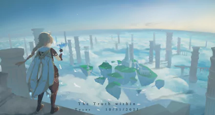 Aether from Genshin Impact stands overlooking a floating island city above clouds in a 4K Ultra HD PC desktop wallpaper background.