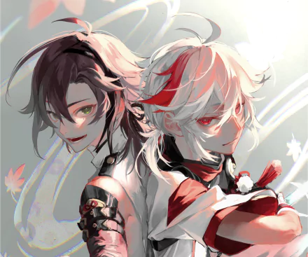 HD PC desktop wallpaper of the Genshin Impact video game featuring Shikanoin Heizou and Kaedehara Kazuha, a dynamic anime-style portrait with wind-swept hair and floral accents.