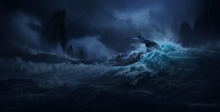 HD PC desktop wallpaper featuring a dramatic ocean scene from the movie Avatar: The Way of Water, with waves crashing under a dark, moody sky.