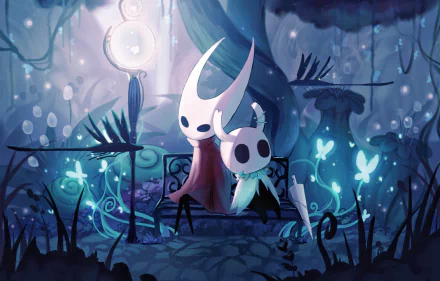 HD PC desktop wallpaper featuring Hornet and the Knight from the Hollow Knight video game, set in a glowing, mystical forest environment.