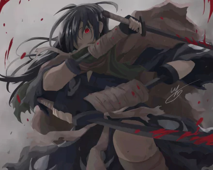 HD anime desktop wallpaper featuring Hyakkimaru from Dororo in a dynamic battle pose with flowing hair and striking red eyes.