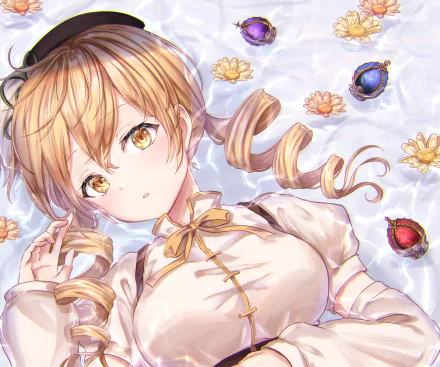 HD PC desktop wallpaper featuring Mami Tomoe from the anime Puella Magi Madoka Magica, depicted with golden eyes and curled blonde hair floating among flowers and magical orbs.
