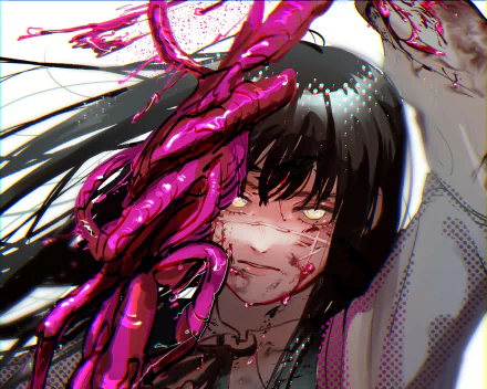 Asa Mitaka as the War Devil from Chainsaw Man: blood-smeared face, glowing yellow eyes, and a glossy crimson demonic limb entwining her hair — 2K Quad HD anime desktop wallpaper.