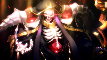 HD PC desktop wallpaper featuring Ainz Ooal Gown from the anime Overlord, showcasing a dark, powerful skeletal figure with glowing red and gold accents.