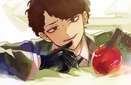 Franky Franklin from Anime Spy x Family in a vibrant 4K Ultra HD desktop wallpaper, reaching toward a shiny red apple with a confident expression.