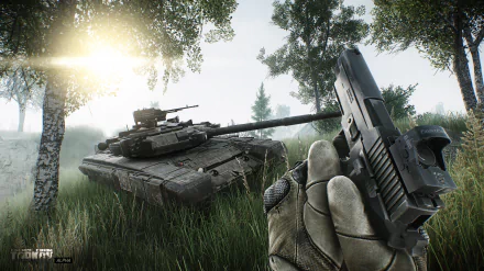 HD desktop wallpaper featuring a first-person view of a hand holding a gun with a tank in the background in the game Escape From Tarkov.