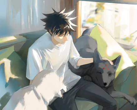 HD PC desktop wallpaper of Megumi Fushiguro from Jujutsu Kaisen, depicting him sitting calmly with two dogs in a softly lit room.