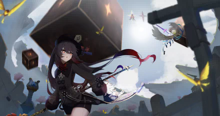 Hu Tao (Genshin Impact) in a dynamic pose with ghost companion amid floating lanterns and a dramatic sky — 5K Ultra HD PC desktop wallpaper/background.