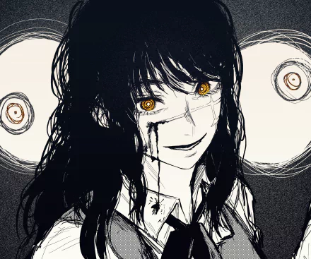 HD anime wallpaper of Asa Mitaka as War Devil from Chainsaw Man, featuring intense orange eyes and dark, sketch-style artwork.