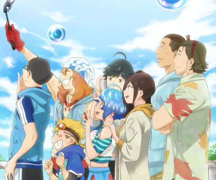 Anime HD PC desktop wallpaper: cheerful group of friends gazing at the sky as bubbles float above, bright blue clouds and sunlight, colorful characters smiling.