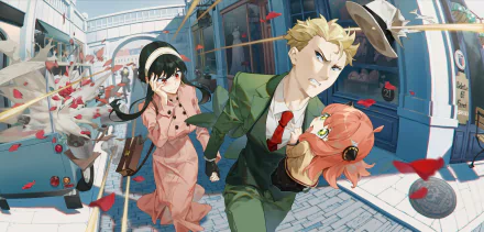 Yor, Loid, and Anya Forger from Spy x Family are depicted in dynamic action in this 4K Ultra HD anime PC desktop wallpaper.