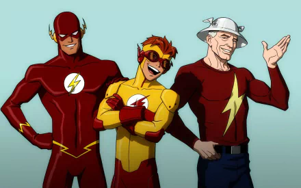 HD wallpaper featuring Barry Allen (Flash), Wally West (Kid Flash), and Jay Garrick from the TV show Young Justice, with a light blue background. All characters are depicted in their superhero costumes.