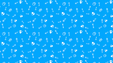Fall Guys HD PC Desktop Wallpaper and Background: bright blue field with repeating white Fall Guys icons — crowns, helmets, arrows and swords — a playful seamless pattern.