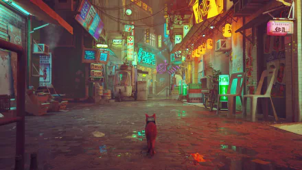 HD PC desktop wallpaper of the video game Stray: a lone cat walks down a neon-lit cyberpunk alley lined with glowing signs, rain-reflected pavement and empty chairs.