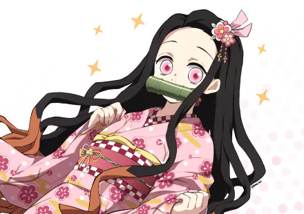 Nezuko Kamado from Demon Slayer: Kimetsu no Yaiba in a vibrant 4K Ultra HD anime-style wallpaper, showcasing her traditional pink kimono and bamboo muzzle.