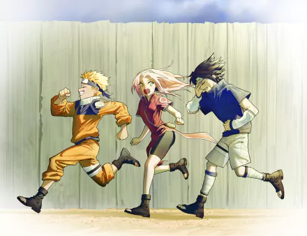HD desktop wallpaper featuring anime characters Naruto Uzumaki, Sakura Haruno, and Sasuke Uchiha from Naruto, showcasing vibrant action and dynamic poses.