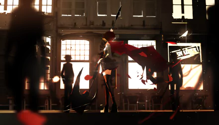 HD PC desktop wallpaper featuring Ruby Rose from the anime RWBY: Ice Queendom, standing dramatically with her red cape flowing in a sunlit, spacious room.