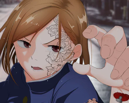 HD PC desktop wallpaper featuring Nobara Kugisaki from the anime Jujutsu Kaisen with detailed facial cracks and an intense expression.