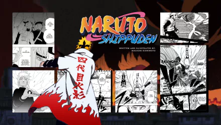 4K Ultra HD Naruto Shippuden PC wallpaper featuring Minato Namikaze with manga panels in the background showcasing dynamic scenes from the anime series.