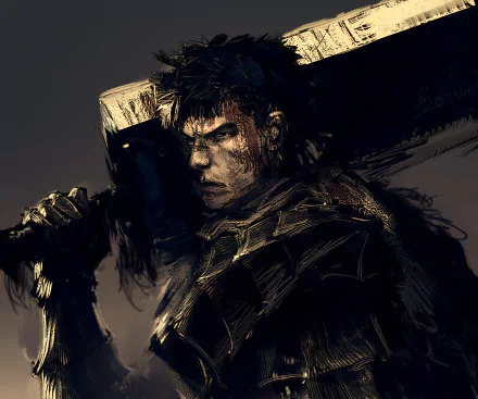HD PC desktop wallpaper featuring Guts from the anime Berserk (2016), showcasing a dark, intense illustration of the iconic character wielding his massive sword.