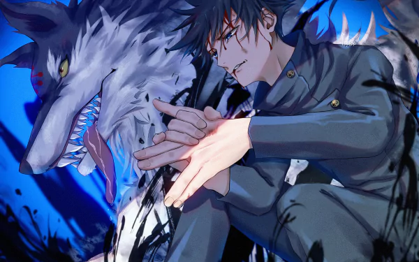 HD PC desktop wallpaper/background of Megumi Fushiguro from the anime Jujutsu Kaisen, summoning a snarling shikigami wolf amid blue-black energy.