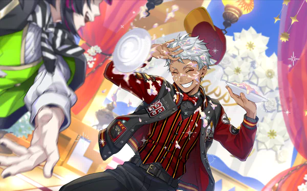 Kalim Al-Asim from the video game Twisted Wonderland smiles dynamically in this vibrant HD PC desktop wallpaper with colorful, festive background elements.