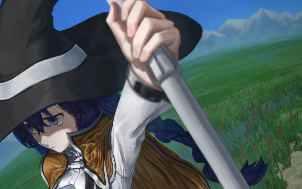 Roxy Migurdia from Mushoku Tensei: Jobless Reincarnation — anime portrait of a blue‑haired mage in a wide‑brimmed hat and cloak, gripping a staff against a grassy, mountainous 4K Ultra HD PC wallpaper.