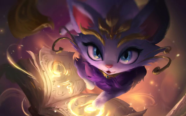HD PC desktop wallpaper featuring Yuumi, the magical cat from the video game League of Legends, with glowing runes and an enchanting background.