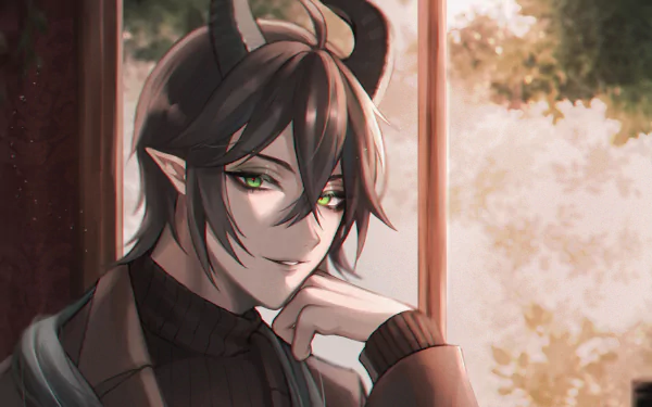 Malleus Draconia, video game character from Twisted Wonderland: horned, green-eyed portrait leaning by a sunlit window with autumn foliage — HD PC desktop wallpaper/background.