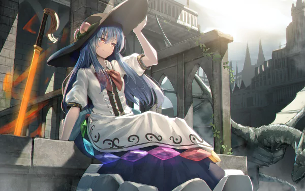 Tenshi Hinanawi from Touhou sits against ancient stone ruins under a bright sky in this detailed 4K Ultra HD anime PC desktop wallpaper.