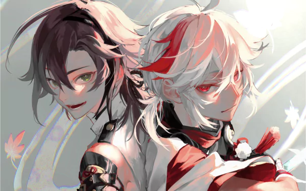 HD PC desktop wallpaper of the Genshin Impact video game featuring Shikanoin Heizou and Kaedehara Kazuha, a dynamic anime-style portrait with wind-swept hair and floral accents.