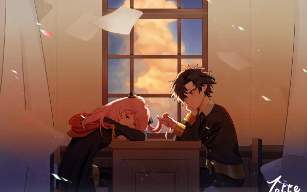 Damian Desmond and Anya Forger from Spy x Family in a warm classroom sunset — Anya asleep on a desk while Damian gently holds her hand; 5K Ultra HD anime desktop wallpaper.
