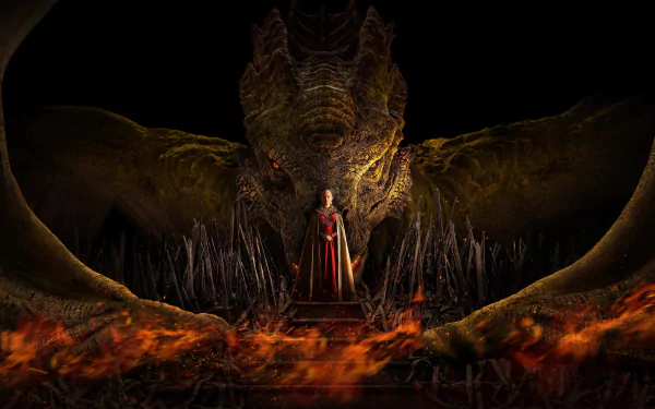HD desktop wallpaper featuring Milly Alcock as a character in the TV show House of the Dragon, standing before a large, menacing dragon amid fiery surroundings.