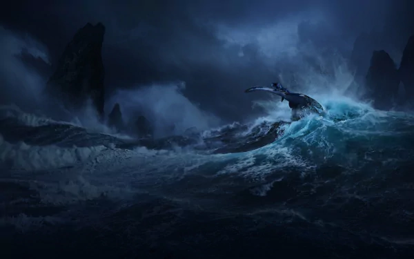 HD PC desktop wallpaper featuring a dramatic ocean scene from the movie Avatar: The Way of Water, with waves crashing under a dark, moody sky.