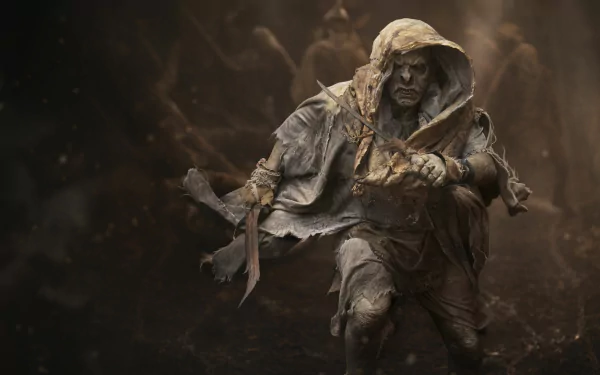 HD desktop wallpaper featuring a dark, hooded figure from the TV show The Lord of the Rings: The Rings of Power.