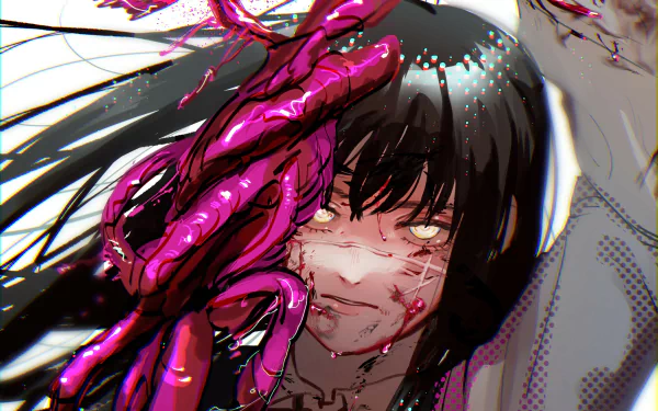 Asa Mitaka as the War Devil from Chainsaw Man: blood-smeared face, glowing yellow eyes, and a glossy crimson demonic limb entwining her hair — 2K Quad HD anime desktop wallpaper.