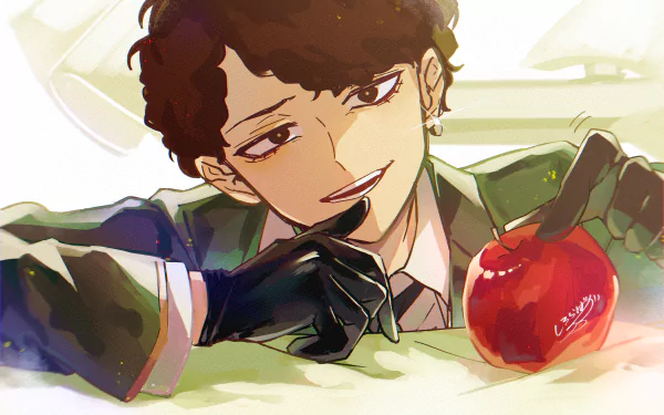 Franky Franklin from Anime Spy x Family in a vibrant 4K Ultra HD desktop wallpaper, reaching toward a shiny red apple with a confident expression.