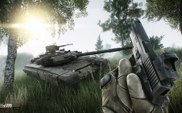 HD desktop wallpaper featuring a first-person view of a hand holding a gun with a tank in the background in the game Escape From Tarkov.