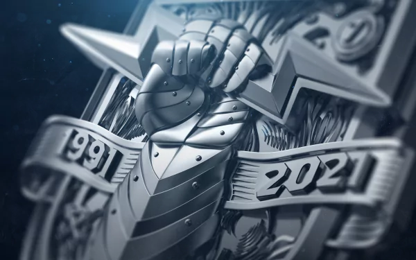 HD Destiny 2 themed desktop wallpaper featuring an armored fist with 1991 and 2021 banners.