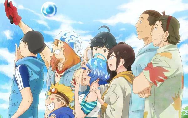 Anime HD PC desktop wallpaper: cheerful group of friends gazing at the sky as bubbles float above, bright blue clouds and sunlight, colorful characters smiling.