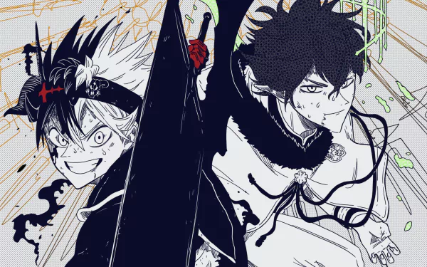HD PC desktop wallpaper: Asta (Black Clover) and Yuno (Black Clover) in a dynamic anime pose with bold ink-splash contrasts, Black Clover-themed action background.