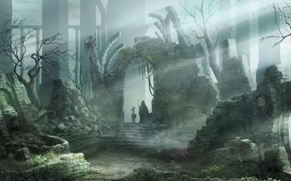 HD PC desktop wallpaper showcasing a misty, eerie ruin from the video game Demon's Souls with twisted trees and a looming stone archway.