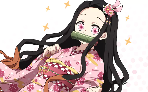 Nezuko Kamado from Demon Slayer: Kimetsu no Yaiba in a vibrant 4K Ultra HD anime-style wallpaper, showcasing her traditional pink kimono and bamboo muzzle.