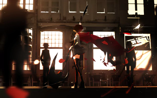 HD PC desktop wallpaper featuring Ruby Rose from the anime RWBY: Ice Queendom, standing dramatically with her red cape flowing in a sunlit, spacious room.