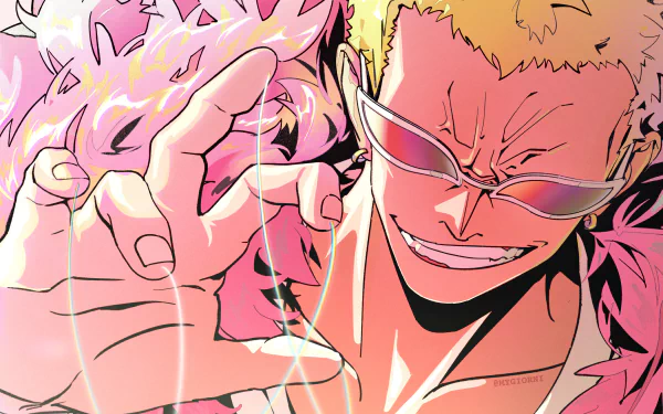 HD PC desktop wallpaper featuring Donquixote Doflamingo from the anime One Piece, showcasing his confident smirk and signature pink feathered coat.